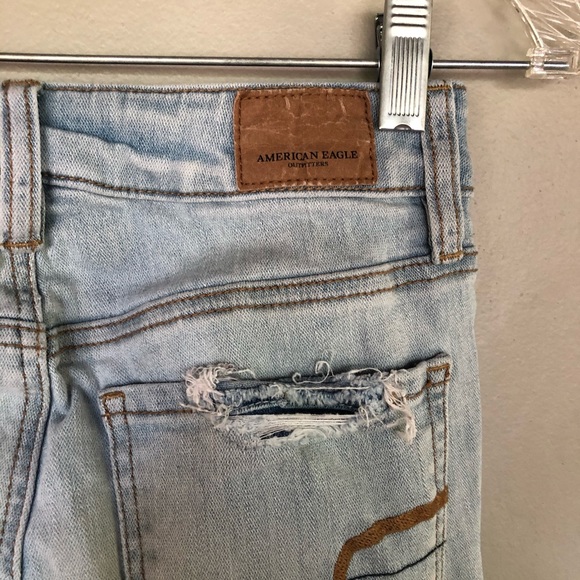 American Eagle Jeans Super Stretch X Destroyed Distressed Hi-Rise Patch Raw Hem - Picture 6 of 9